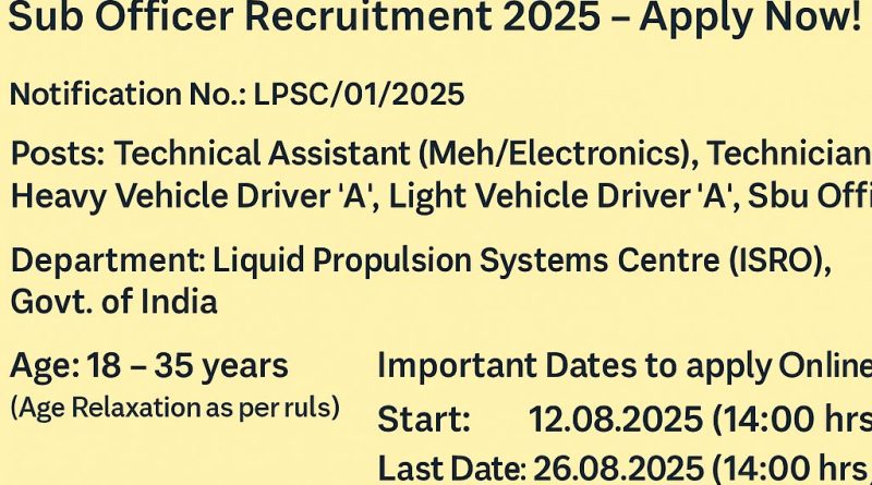ISRO Technical Assistant, Technician, Driver & Sub Officer Notification 2025