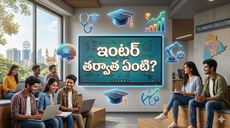 A photograph of several smiling young adults sitting in a modern, brightly lit classroom, looking at a large glowing digital smartboard. Floating neon icons representing different career paths like AI, medicine, and business surround the board. A map of Telangana is on the wall. The screen displays the Telugu text: "ఇంటర్ తర్వాత ఏంటి?".