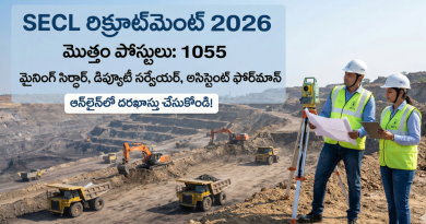 SECL రిక్రూట్‌మెంట్ 2026 - 1055 మైనింగ్ సిర్దార్, డిప్యూటీ సర్వేయర్ మరియు అసిస్టెంట్ ఫోర్‌మాన్ ఉద్యోగాల భర్తీకి సంబంధించిన వివరాలతో కూడిన పోస్టర్.