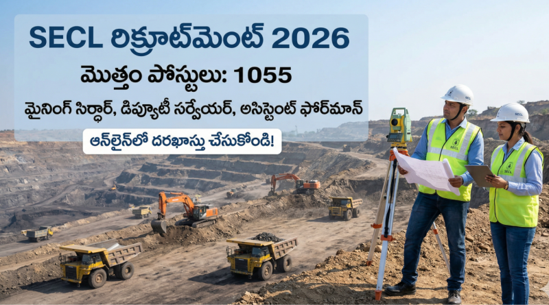 SECL రిక్రూట్‌మెంట్ 2026 - 1055 మైనింగ్ సిర్దార్, డిప్యూటీ సర్వేయర్ మరియు అసిస్టెంట్ ఫోర్‌మాన్ ఉద్యోగాల భర్తీకి సంబంధించిన వివరాలతో కూడిన పోస్టర్.
